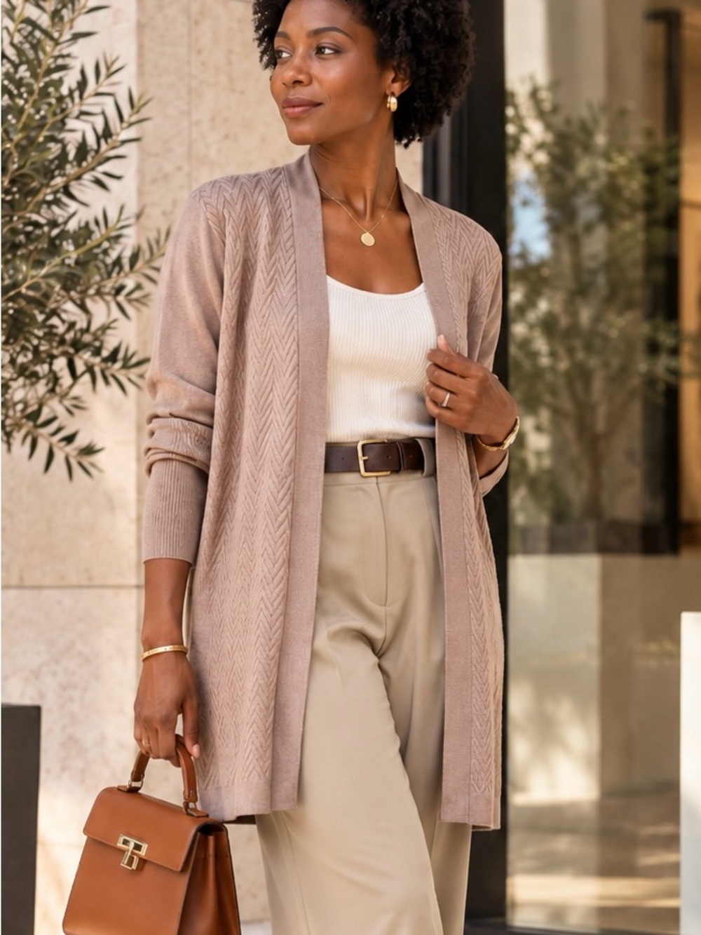 Karen Scott Open-Front Long Cardigan Sweater - Taupe